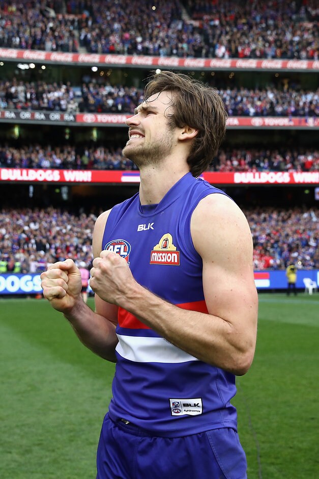 AFL 2016 Toyota AFL Grand Final - Sydney v Western Bulldogs MELBOURNE, AUSTRALIA - OCTOBER 01: Joel Hamling of the Bulldogs celebrates winning the 2016 Toyota AFL Grand Final match between the Sydney Swans and the Western Bulldogs at the Melbourne Cricket Ground on October 01, 2016 in Melbourne, Australia. (Photo by Cameron Spencer/AFL Media)